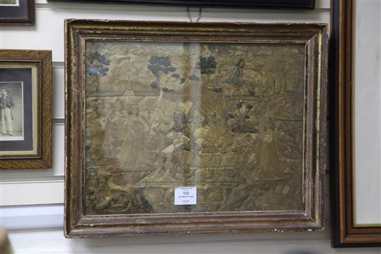A 17th century silkwork panel, 12 x 15.75in.